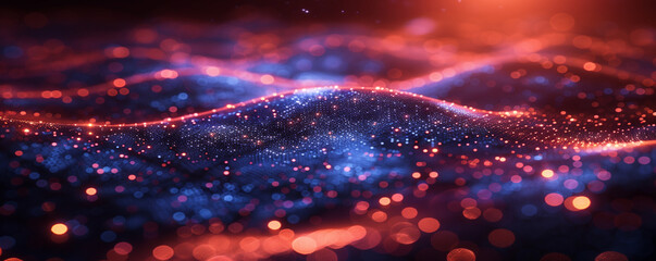 It is an abstract background image that visually expresses the connection between a digital network and a connection. The image is a combination of red and blue lights, and shiny points and lines are 