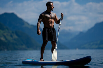 Muscular man with paddle board. Man paddling on paddleboard. Muscular strong Hispanic man on sup...