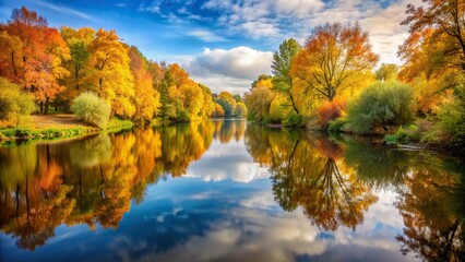 A peaceful riverside scene with colorful autumn leaves adorning the trees, reflected in the calm waters below, under a soft, hazy sky.