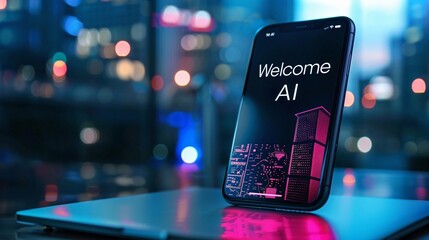 Welcome to AI displayed on the screen of an iPhone, at night.