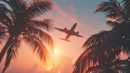 photograph of passenger airplane flying among palm trees against sunset sky, tropical vacation background with copy space for text