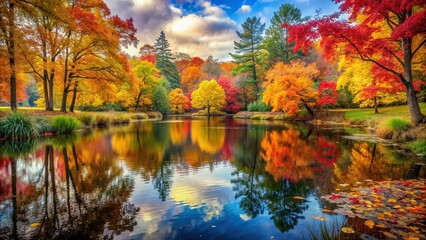 A tranquil pond surrounded by colorful autumn foliage, painted in warm watercolor tones that capture the beauty of the season.