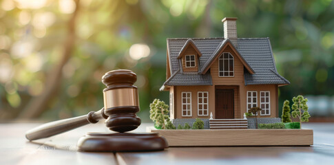 photo of wooden gavel and model house on table, blurred background with real estate concept