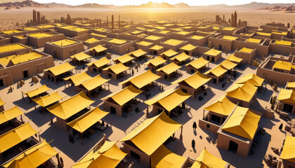 sun hoods lit sabers desert cloaks 2d clouds roofs yellow warriors illustration city sunset tower silhouette armored killer hooded character cloak black dark weapon powerful long evil fantasy