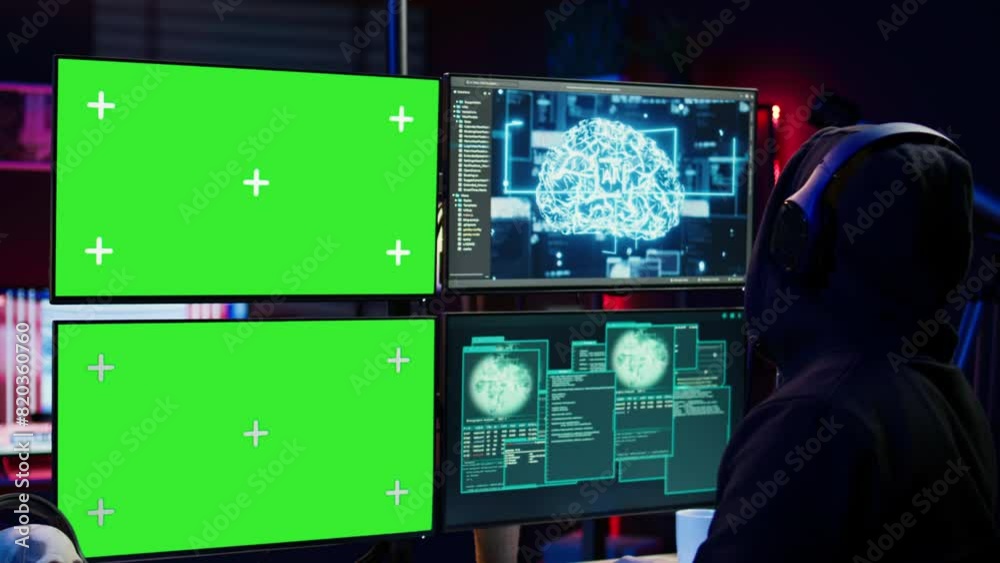 Poster hacker using isolated screen monitor and artificial intelligence to write spyware software, listenin