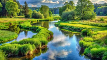 A gentle stream winding its way through a verdant meadow, its surface reflecting the surrounding lush greenery in a watercolor-like effect