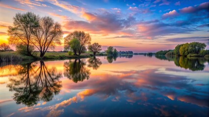 A tranquil riverside scene at dusk, with soft, pastel colors painting the sky and the silhouette of trees reflected in the calm water - Powered by Adobe