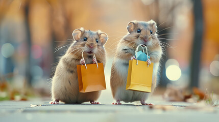 Cartoon pet hamsters in hats with backpacks sopping in the moll Hamsters in a shopping cart with a box of nuts.

