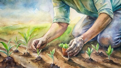 A close-up of hands planting seedlings in nutrient-rich soil beds, demonstrating the meticulous care and attention to detail in smart agricultural practices