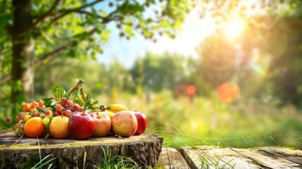 arm wood nature field fruit table product grass garden background stand green food. Nature wood landscape morning farm outdoor sky podium forest stump beauty sun scene platform view beautiful trunk 