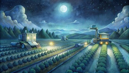 A cinematic view of a smart farm bathed in moonlight, where automated machinery works tirelessly to tend to the crops, symbolizing the marriage of technology and agriculture