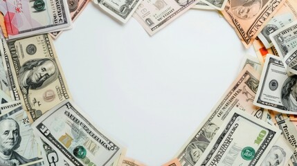 Abstract heart shape frame made of various dollar bills on a white background with space for copy, in a top view. Conceptual stock photo for financial themes. High quality, with space for copy.