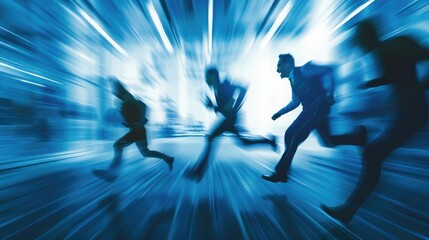 Business people running on abstract background with motion blur and speed lines, concept of competition in business world, dynamic composition, blue color theme