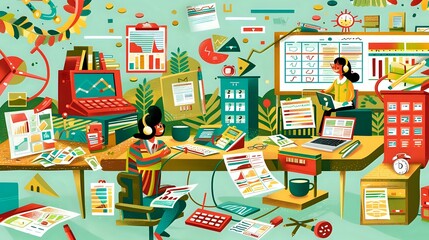 Payroll Specialist Managing Employee Compensation: Desk Illustration