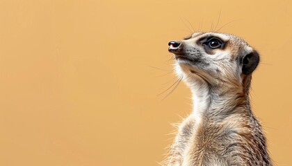 Close-up of a meerkat standing upright on a yellow background, showcasing its alert and curious nature.