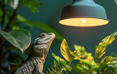 Obraz premium Close-up of a lizard basking under a warming lamp surrounded by lush green foliage, highlighting the beauty of nature and reptile care.
