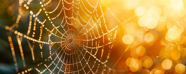 Close-up of a spider web with dewdrops glistening in the morning sunlight, creating a beautiful and delicate natural scene.
