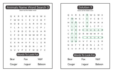 Animal word search KDP interior puzzle activity book for kids