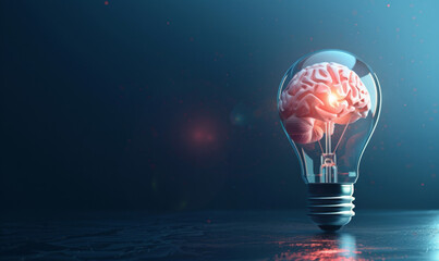 3d render of brain inside light bulb on dark blue background, concept for idea and innovation with copy space