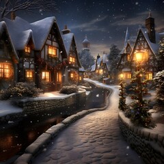 Winter village at night with snowfall. Christmas and New Year concept.