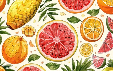 Colorful tropical fruit pattern featuring pineapples, oranges, grapefruits, and melons on a white background for summer designs.