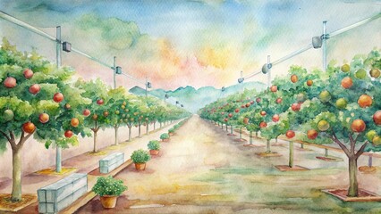 An orchard on a smart farm with fruit trees flourishing under controlled environmental conditions