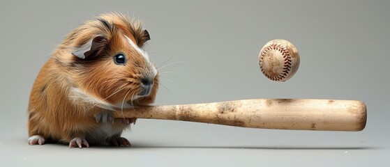 Cute guinea pig holding a baseball bat swinging at an incoming baseball on a gray background. Fun and whimsical pet sports image.