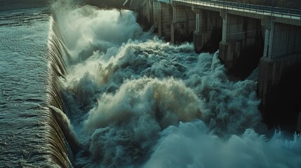 A moment of serenity before the gates of a hydroelectric dam are od releasing a powerful flow of...