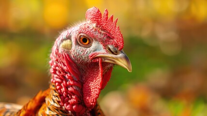 Close-up of vibrant rooster with detailed feathers against blurred autumn backdrop
