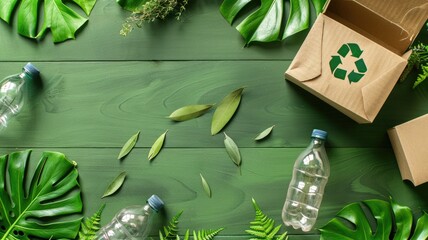 Eco-friendly recycling concept with leaves and plastic on green wooden background