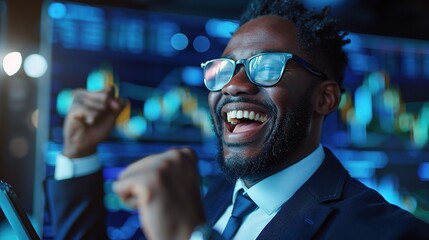 businessman raises his fist in triumph, his tablet showing news of successful trades, transactions, and trading bonuses.