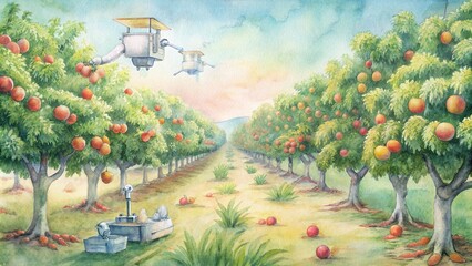 A lush orchard in a smart farm, with trees laden with ripe fruits and automated harvesting machines in operation, symbolizing the fusion of nature and technology