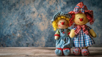 Two rag dolls with smiling faces and colorful dresses standing side by