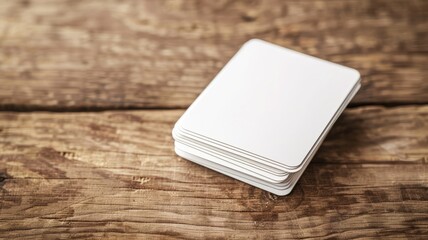 Stack of blank white cards on wooden surface