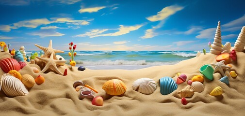 Colorful seashells arranged on sandy beach with gentle waves and blue sky in the background, ideal for summer and vacation themes.