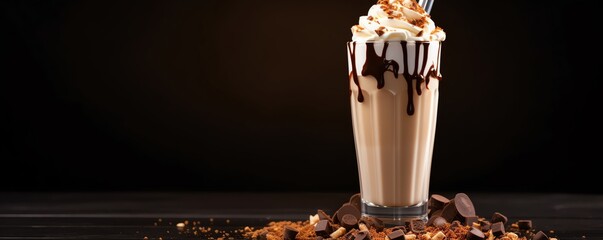 A decadent chocolate milkshake with whipped cream and chocolate syrup on top.