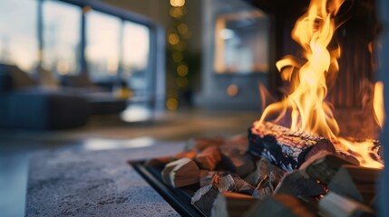 Close up of a modern fireplace with burning firewood in a concrete room, blurred living room background, photographed - Powered by Adobe