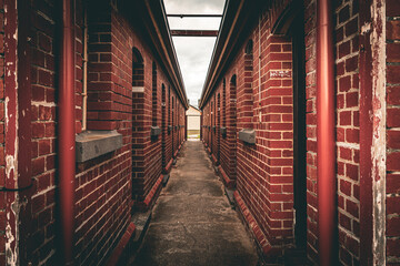 corridor between  red brick building