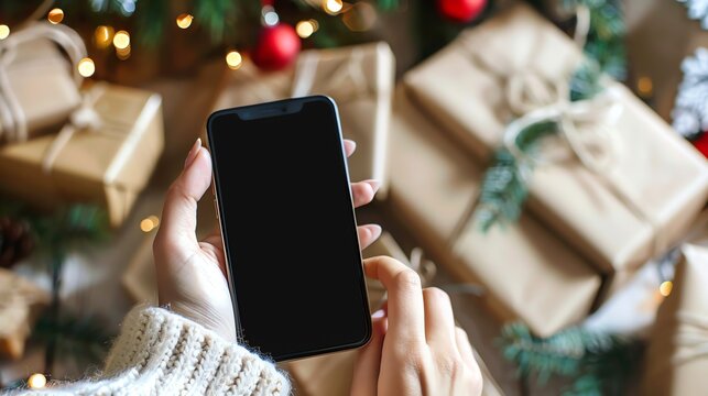 A woman in a cozy sweater is holding a smartphone in her hands. - Powered by Adobe