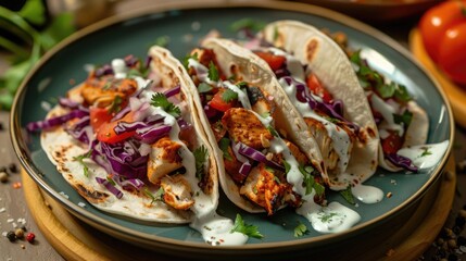 Colorful chicken tacos with white sauce and red cabbage on a plate,