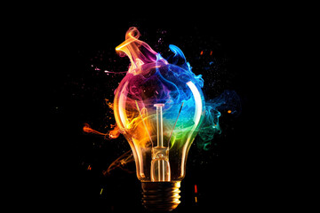 Colorful light bulb with colorful flames isolated on black background, burning lamp in fire concept of idea and creativity. Color explosion, vibrant colors