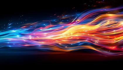 Vibrant abstract light trails moving against a dark background, creating a dynamic and colorful visual effect. Ideal for artistic and design purposes.