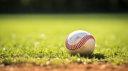 Close up of a new baseball on the field