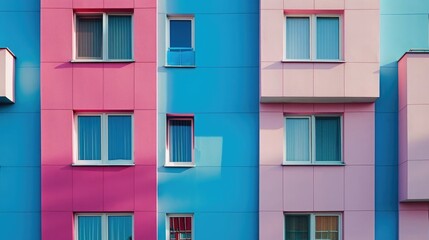 Blue and pink panel house facade with windows. Modern architecture concept. Building