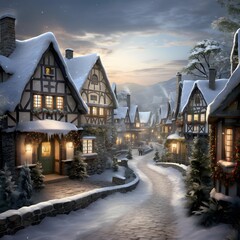 Beautiful winter landscape in the village at night. Digital painting.