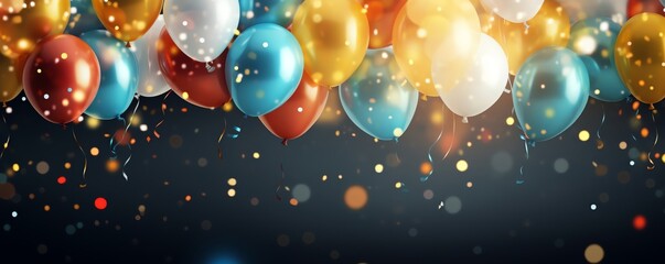 Colorful balloons with shiny glitter confetti on dark blue background.