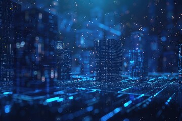 Fototapeta premium Abstract background with blue glowing city lights and cubes on a dark background.