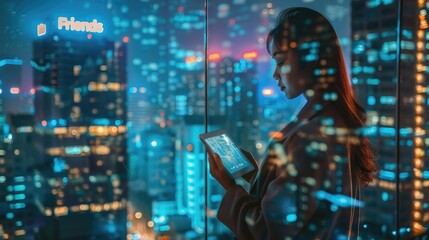 Business woman holding tablet computer with city skyline at night background, illuminated buildings 