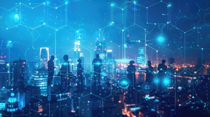 Digital technology business network concept with hexagon circles and icons of people working in office, cityscape background with blue color gradient.