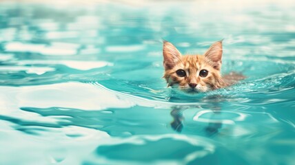 Brown kitten swimming in blue water with ears upright